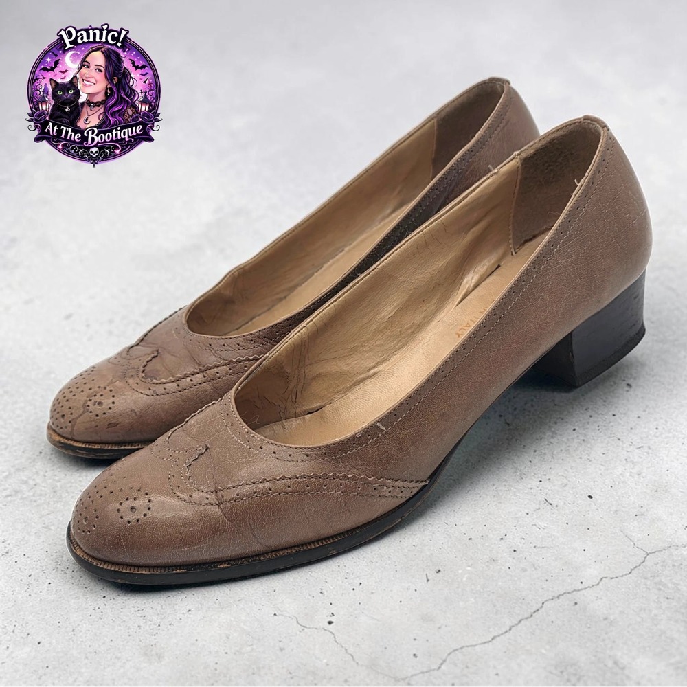 Pappagallo Pumps Women 7.5 Leather Brown Wingtip Vintage Italian Block Heel Shoe